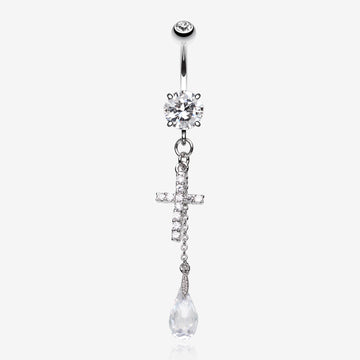 Mini Cross Shimmer Belly Ring-Clear Gem
